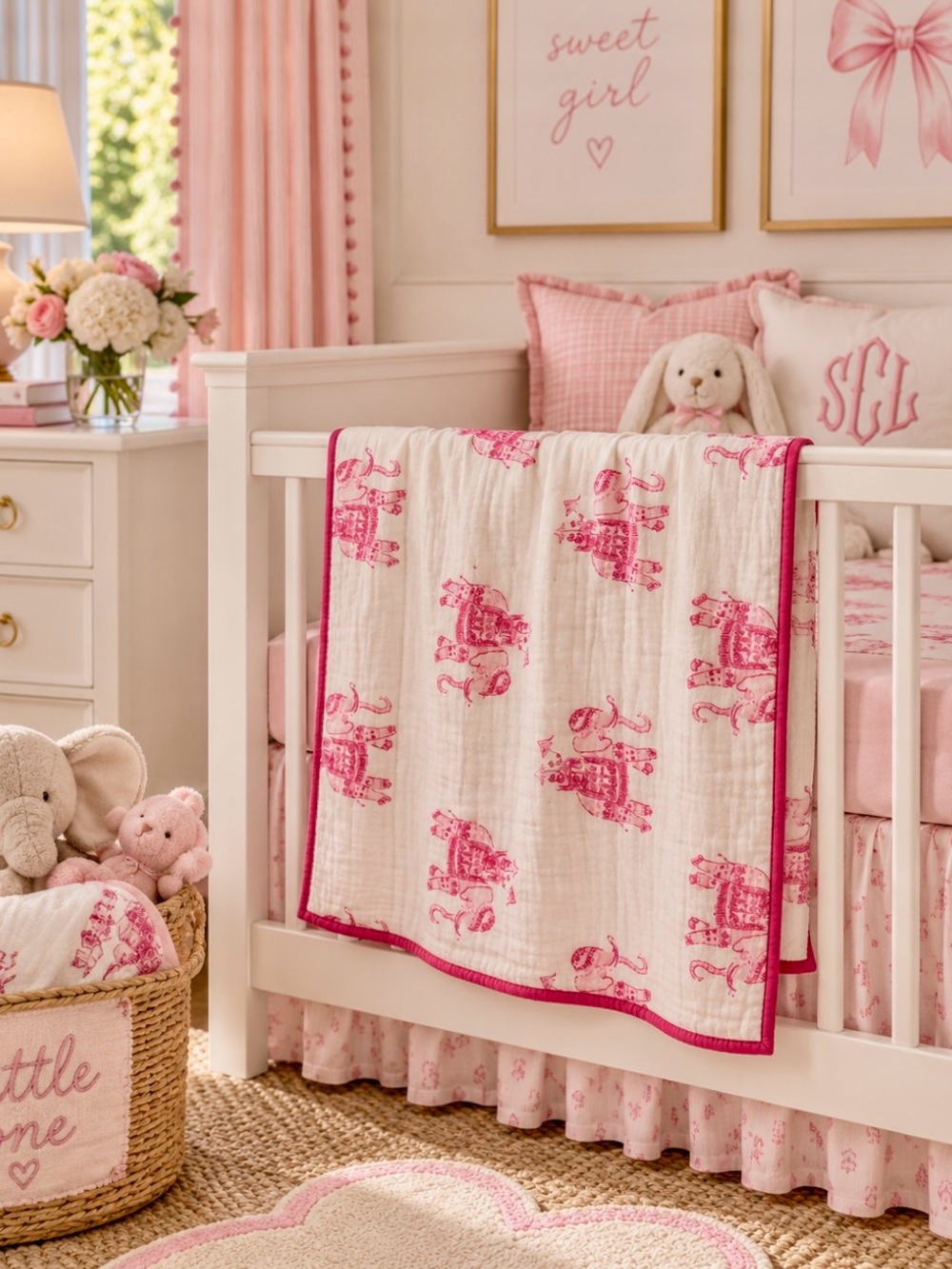 Lilly Pulitzer pink and White Elephant Muslin baby kids Blanket for Pottery Barn